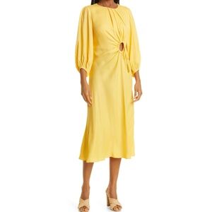 FARM Rio Yellow Pleated Tie Front Midi Dress Medium
